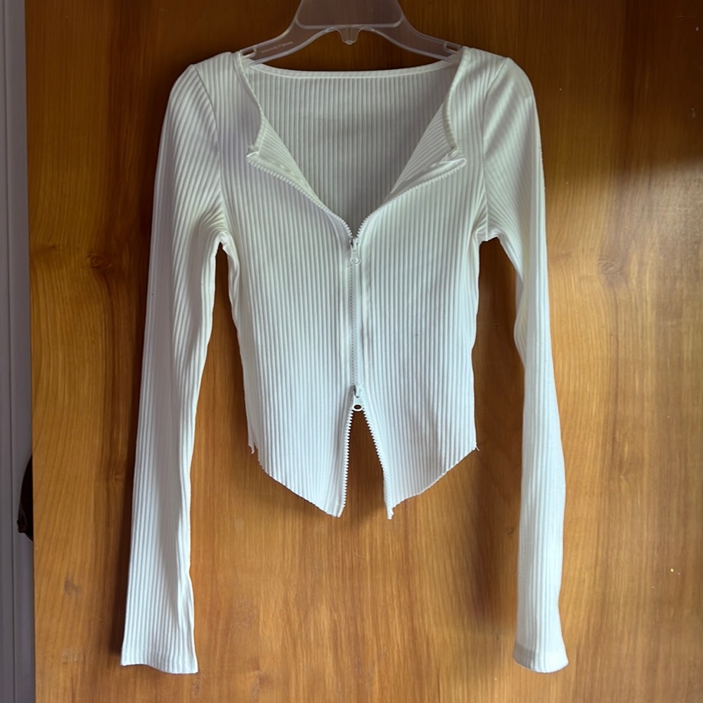 White Ripped Double Zip Long-Sleeve Top